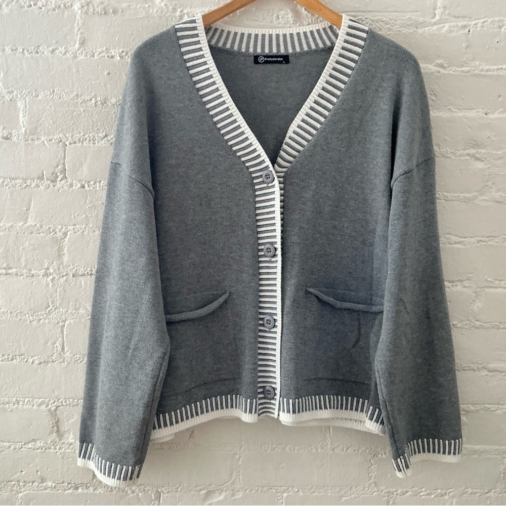 PrettyGarden Long Sleeve Relaxed Fit Gray Knit Cardigan Button Up Sweater Preppy - Picture 2 of 11